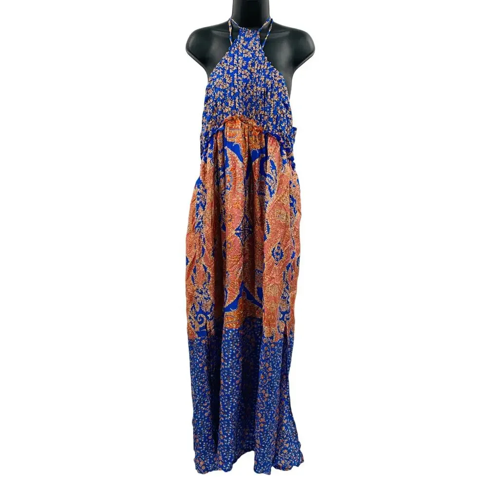 Free People bohemian silk blue & orange maxi dress